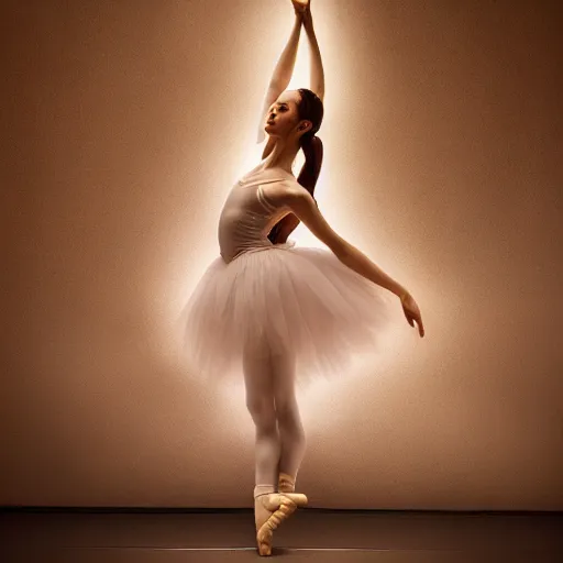 Image similar to full body pose, hyperrealistic photograph of ballerina dim volumetric lighting, 8 k, octane beautifully detailed render, extremely hyper detailed, intricate, epic composition, cinematic lighting, masterpiece, trending on artstation, very very detailed, stunning, hdr, smooth, sharp focus, high resolution, award, winning photo, dslr, 5 0 mm