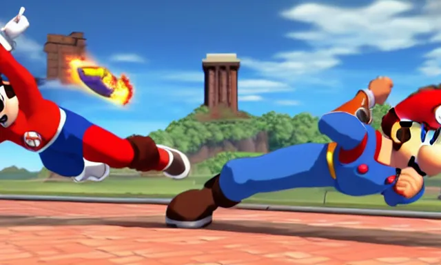 Image similar to 4k Super Smash Brothers screenshot of Korra punching Mario