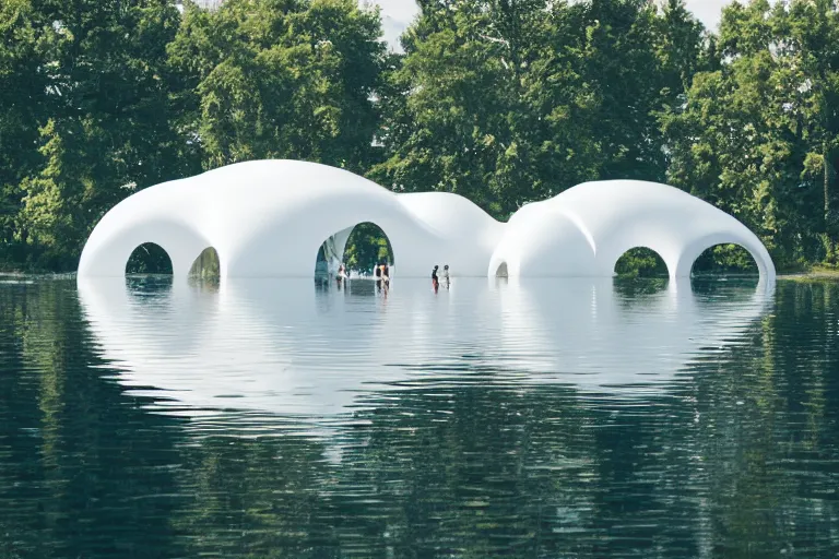 Prompt: a building formed by many white bubble shaped spaces arranged and combined, on the calm lake, people's perspective