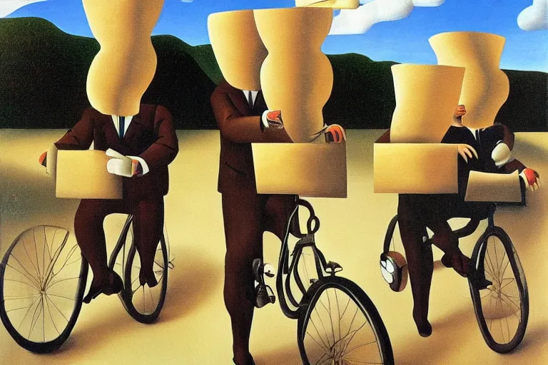 Image similar to a surrealist painting of people riding bikes with baguettes on their heads, Dali, Magritte