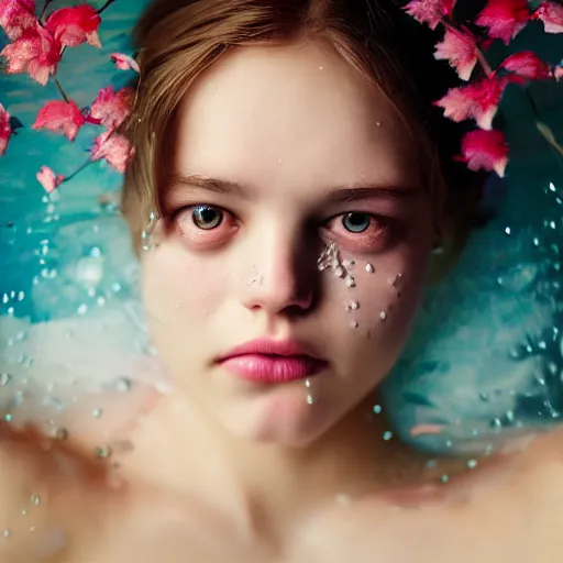 Prompt: portrait of a beautiful girl + skins effy, floating under the deep dream water, beautiful smooth soft light + white petal, by personal photography, art by brookskim, closeup, 4 k, highly detailed, instagram,