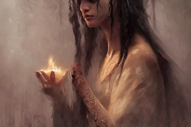 Prompt: a beautifully aesthetic rendering of a beautiful priestess, dark art, warm and soft and subdued colors, by greg rutkowski, daarken, julia hetta, highly detailed, sharp focus,