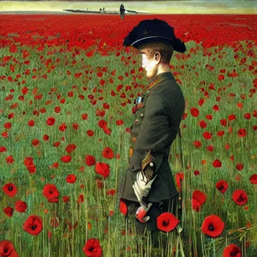 Image similar to world war 1 soldier in a field of giant poppies, surrealist, by robert mcginnis