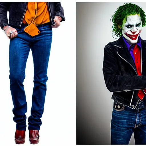 Prompt: professional photograph of the joker wearing a suede leather jacket and blue jeans, 8 k, very realistic, very intricate,