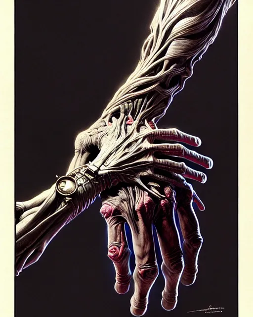 Prompt: human hand and forearm anatomy for artists fantasy character portrait, ultra realistic, cinematic, concept art, wide angle, intricate details, hologram, highly detailed by greg rutkowski, wayne barlowe, aaron horkey, gaston bussiere, craig mullins, simon bisley, arthur rackham
