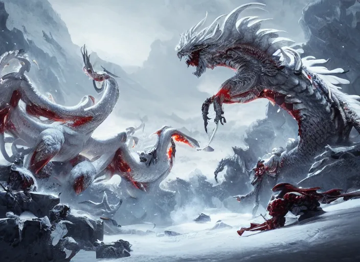 Prompt: a group of heroes in a snowy landscape next to a huge terrifying white dragon, intricate detail, indie game concept art, 8 k render, chaotic battle, trending on artstation