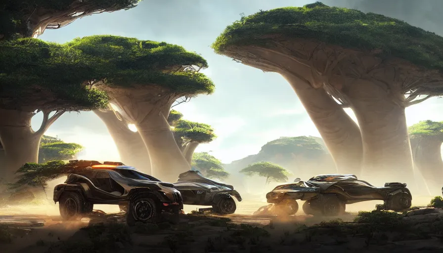 Image similar to a futuristic offroad suv designed by ford driving through madagascar with baobabs trees, artgerm and greg rutkowski and alphonse mucha, an epic fantasy, volumetric light, detailed, establishing shot, an epic fantasy, trending on art station, octane render, midsommar