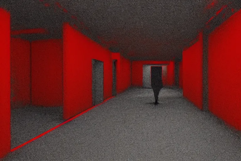 Image similar to cctv footage of an extremely dark empty room, evil horror cryptid monster chasing towards camera, made out of static, dark deep black shadows, crimson red and black color contrast in the style of trevor henderson and james ensor goya, liminal space, 3 d render, glitch effect