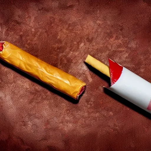 Prompt: a polish sausage and a huge cigarette lying on a bed, realistic, sharp focus, 8 k high definition, insanely detailed, intricate, elegant.