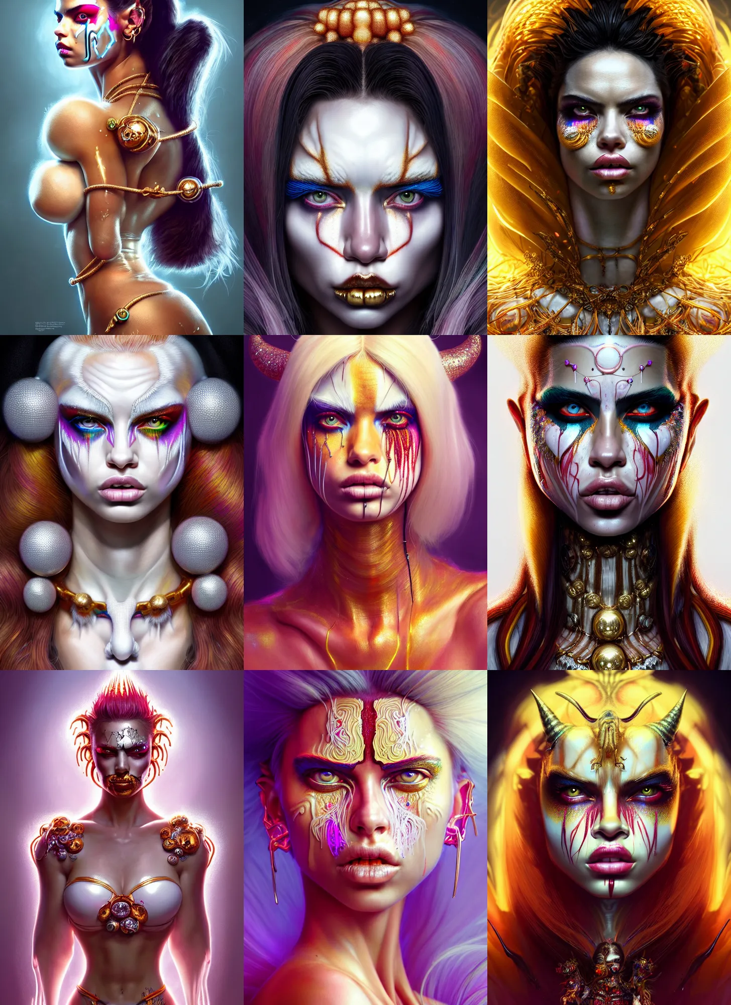 Prompt: bright white clowncore : : disney weta portrait, soft lustrous satan raver adriana lima cyborg, bling, hi - fructose, sci - fi fantasy intricate decadent highly - detailed digital painting, golden ratio, octane render, artstation, concept art, smooth, sharp focus, illustration, artgerm, mucha, loish, wlop