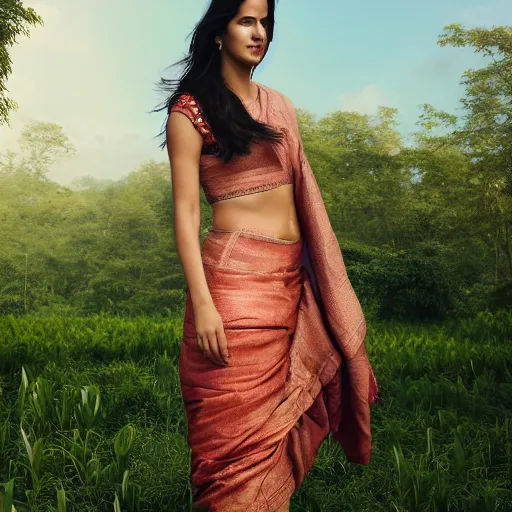 Prompt: katrina kaif wearing assamese mekhela, background: assam tea garden kaziranga, clear makeup, clean hair, dry skin, clear skin, airbrushed, bright eye makeup, beautiful feminine body, photo by mario testino, 8k octane render, ray traced, cinematic, hyper detailed, micro details, insanely detailed, trending on artstation, concept art