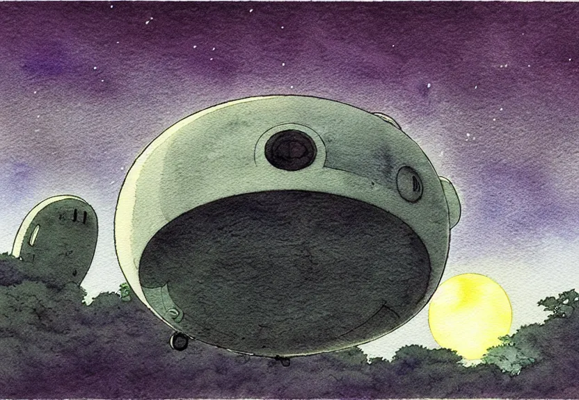 Image similar to a simple studio ghibli watercolor fantasy concept art of a dark grey boxy ufo at night. by studio ghibli, rebecca guay, michael kaluta, charles vess