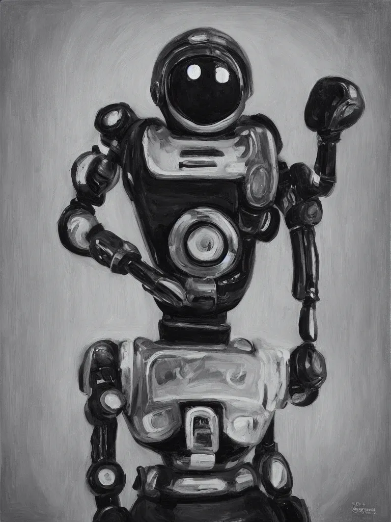 Image similar to “A perfectly centered beautiful black and white portrait oil painting of a retro-futuristic robot in Los Angeles”