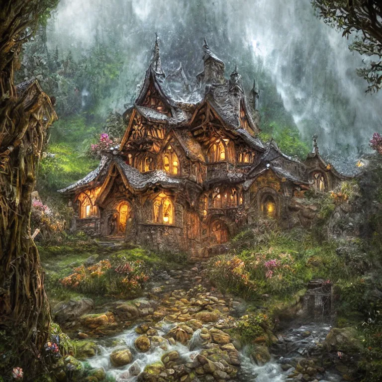 Image similar to inside a medieval hobbit home, ornate, beautiful, mist, smoke, chimney, rain, waterfall, melting, snow, creek, lush, ice, bridge, forest, flowers, concept art illustration, color page, 4 k, tone mapping, magic realism, josephine wall, huang guangjian, viktoria gavrilenko, amanda sage, trending on artstation