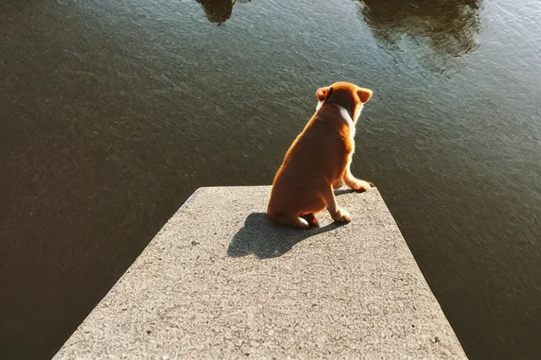 Image similar to an high angle view of a puppy that is standing at the edge of a bridge looking and the puppy is looking down at the water below