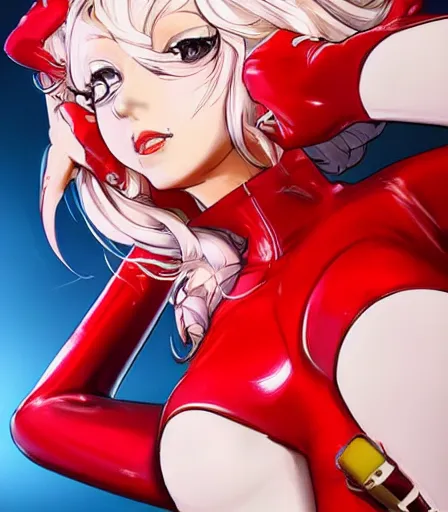 Prompt: beautiful ann takamaki from Persona 5 in her red latex outfit digital portrait in the style of stanley artgerm