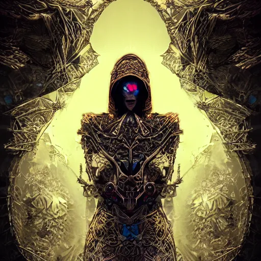 Prompt: menacing symmetrical face portrait cloaked grimm reaper neon axonometric mechanical fantasy intricate elegant highly detailed in volumetric void of latent space lush flowers intricate jewellery, realm of the gods golden turquoise steampunk, axonometric high contrast cinematic light, mystical shadows, digital painting, sharp focus, octane render, photographic, concept art, artist leonardo davinci, unreal engine 8 k