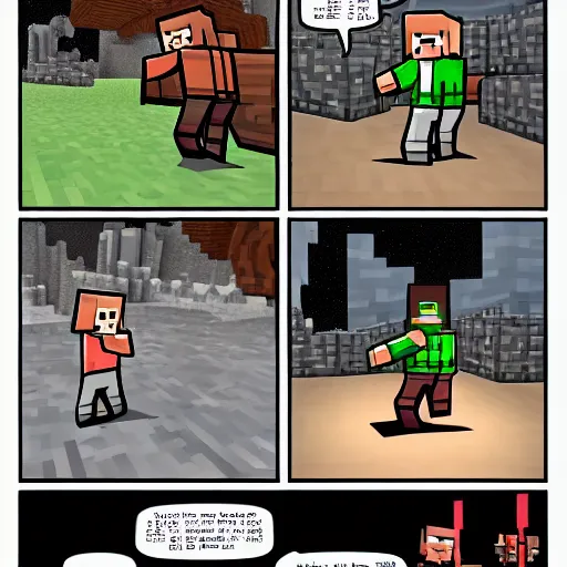 Image similar to Minecraft comic page, inked, superhero comic