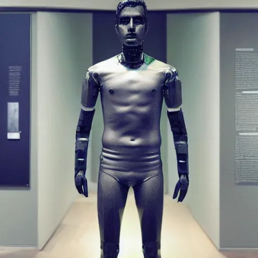 Image similar to “ a realistic detailed photo of a guy who is an attractive humanoid who is half robot and half humanoid, who is a male android, soccer player antoine griezmann, shiny skin, posing like a statue, blank stare, at the museum, on display ”