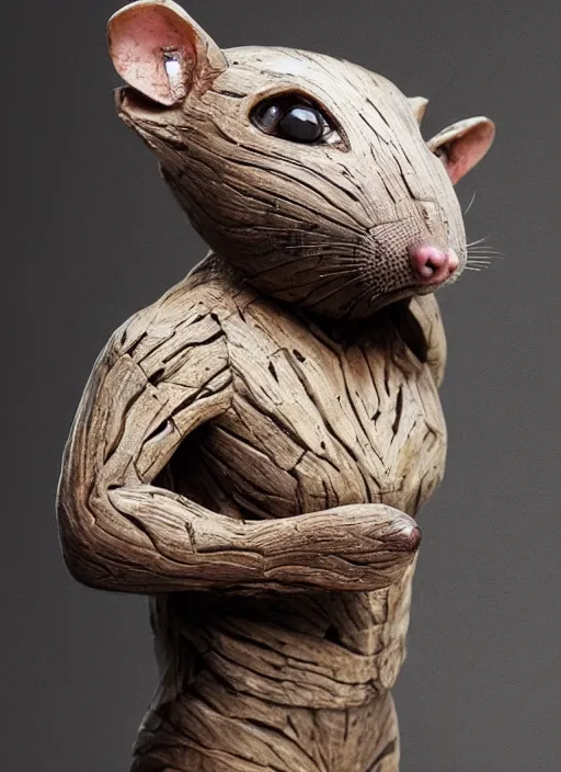 Image similar to sculpture of rat made of wood, portrait, female, future, wood, tree, harper's bazaar, vogue, magazine, insanely detailed and intricate, concept art, close up, ornate, luxury, elite, elegant, trending on artstation, by ruan jia, by Kenneth Willardt, by ross tran, by WLOP, by Andrei Riabovitchev,