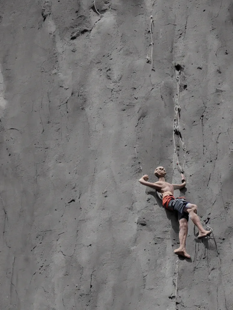 Image similar to man made of clay climbing on giant concrete straight ledge