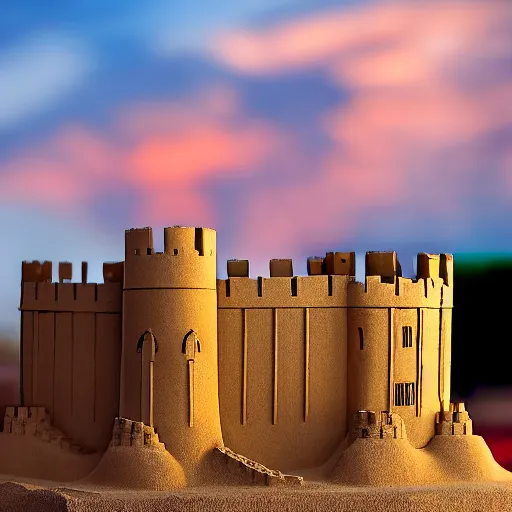 Prompt: full - size tower of london sandcastle, tiltshift, uniformed guards patrol, sunset