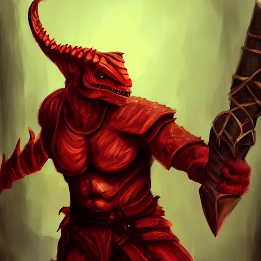 Image similar to red scaled male dragonborn wearing rogue outfit, muscular, wielding two daggers, fantasy, digital painting, cell shading, sharp, smooth focus