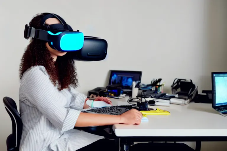 Image similar to A stock photo of a woman sitting at her desk, with a bunch of stuff, wearing a VR-headset, featured on flickr, cluttered