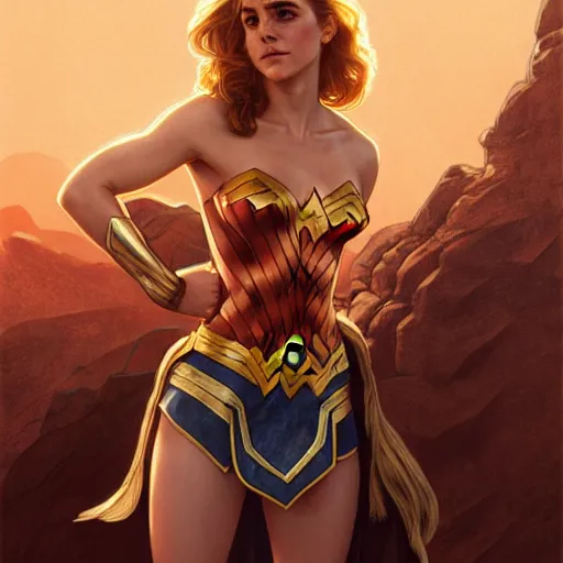 Prompt: Blonde Emma Watson as Wonder Woman, western, D&D, fantasy, intricate, elegant, highly detailed, digital painting, artstation, concept art, matte, sharp focus, illustration, art by Artgerm and Greg Rutkowski and Alphonse Mucha