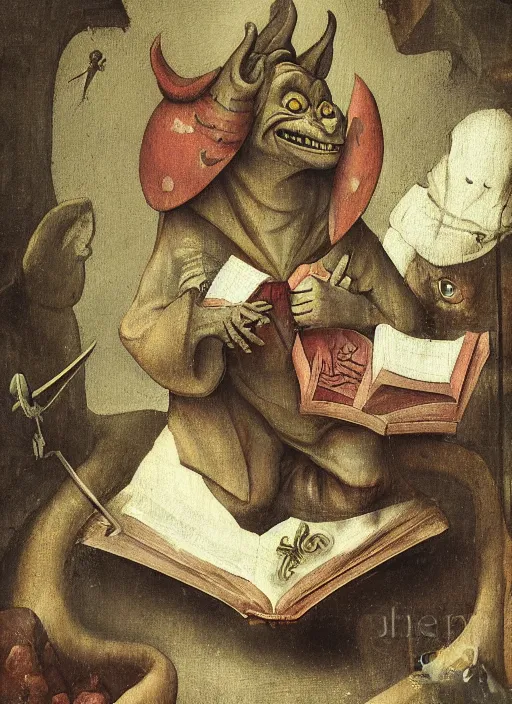 Image similar to a medieval goblin reading a book painted by hieronymus bosch, detailed digital art, trending on Artstation