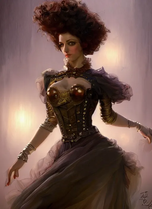 Prompt: ballroom, rgb, thin, italian model, short black curly hair, round face, steampunk princess dress, amazing composition & dynamic posing, by franz xavier leyendecker, wlop! muted colors, highly detailed, fantasy art by craig mullins, thomas kinkade cfg _ scale 9