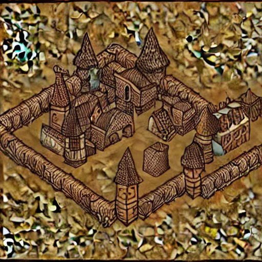 Image similar to isometric drawing of a fantasy medieval village on stained brown paper from the game Bad North