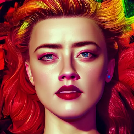 Prompt: amber heard dramatic self portrait, macro, colorful, vibrant, 30mm photography, gta artstyle, wide shot, dramatic lighting, octane render, hyperrealistic, high quality, highly detailed, artstation, HD, beautiful, cinematic, 8k, unreal engine, facial accuracy, symmetrical