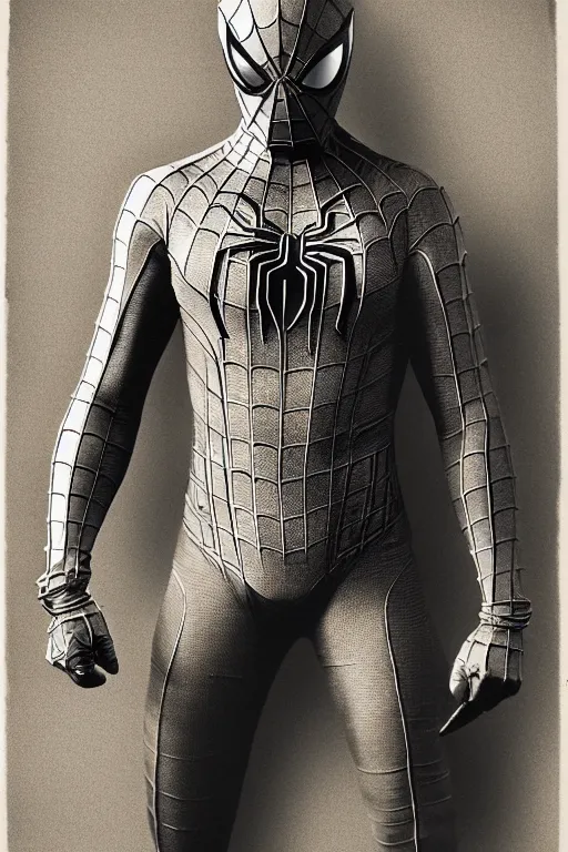 Image similar to spider - man, portrait, full body, symmetrical features, silver iodide, 1 8 8 0 photograph, sepia tone, aged paper, master prime lenses, sergio leone, cinematic