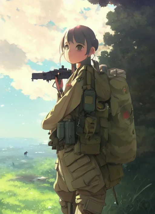 Prompt: portrait of cute soldier girl, cloudy sky background lush landscape illustration concept art anime key visual trending pixiv fanbox by wlop and greg rutkowski and makoto shinkai and studio ghibli and kyoto animation soldier clothing military gear