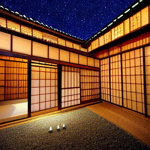 Image similar to An old traditional Japanese house by masashi kishimoto, a bright night sky