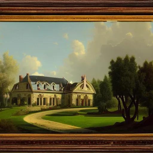 Image similar to a large serene beautiful matte painting of a delapitaded quaint french country mansion covered in a state of disrepair in vines, by asher brown durand and george ault featured on artstation