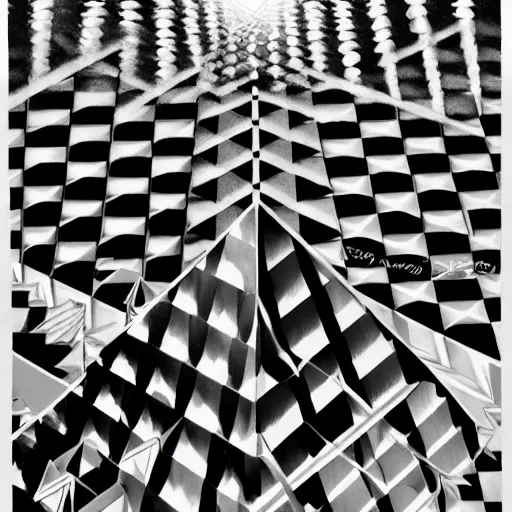 Image similar to perfectly-centered black and white chequered starcase ascending up a pyramid into the clouds, pillars on either side of the staircase, grain, surrealist, POV shot, intricate details, ornate, highly detailed, digital painting, artstation, concept art, smooth, sharp focus, illustration, Unreal Engine 5, 8K, art by Joe Fenton and M.C Esche and Rob Gonsalves