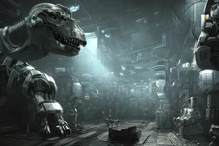 Image similar to robosaurus parallax datacenter server room interior single mono colossus white rusty robot sitting artstation cinematic detailed concept art volumetric light sharp coherent cgsociety symmetric perfect well balanced shadows lotr servers