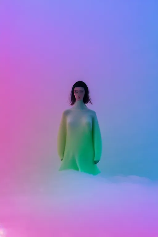 Image similar to high quality pastel coloured film close up wide angle photograph of a model wearing clothing swimming on cloud furniture in a icelandic black rock!! environment in a partially haze filled dreamstate world. three point light, rainbow. photographic production. art directed. pastel colours. volumetric clouds. pastel gradient overlay. waves glitch artefacts. extreme facial clarity. 8 k. filmic.