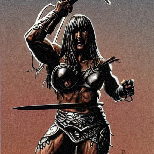 Image similar to a muscular bronze - skinned silver - eyed black - haired woman warrior wearing xena armor, holding a sword aloft, in a crowded alien arena on a hostile planet, highly detailed, ron cobb, moebius, heavy metal magazine, mike mignola, trending on art station, illustration, comic book