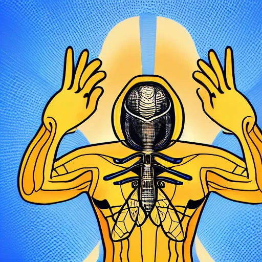 Image similar to human man that resembles a wasp morh in surreal sketch style, blue and yellow gradient, noise, ultrafine detail, hd 8k, logo illustration