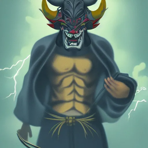 Image similar to man with a hannya mask, thunder spell, storm, landscape, artstation