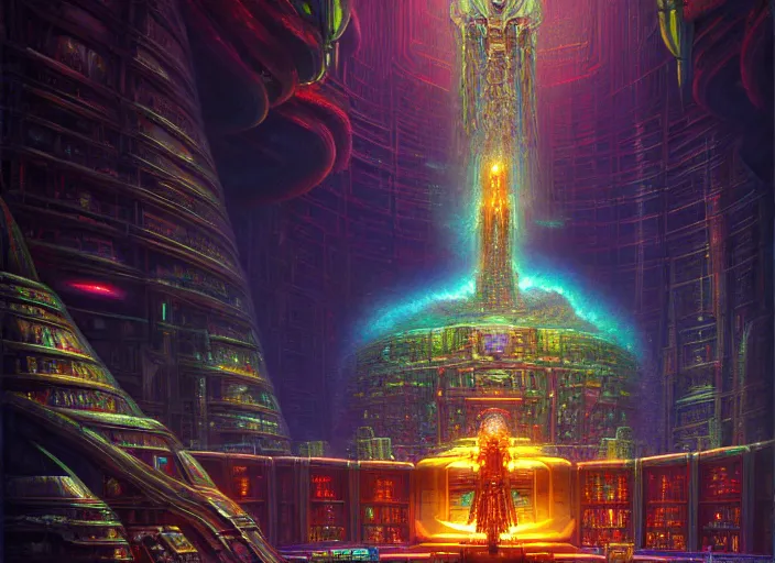 Prompt: a cinematic view of a large cyber robot altar shrouded by mystic nebula magic in an endless temple library by moebius and android jones, galactic waterfalls, oil on canvas sharp, details, hyper - detailed, hd, hdr, 4 k, 8 k