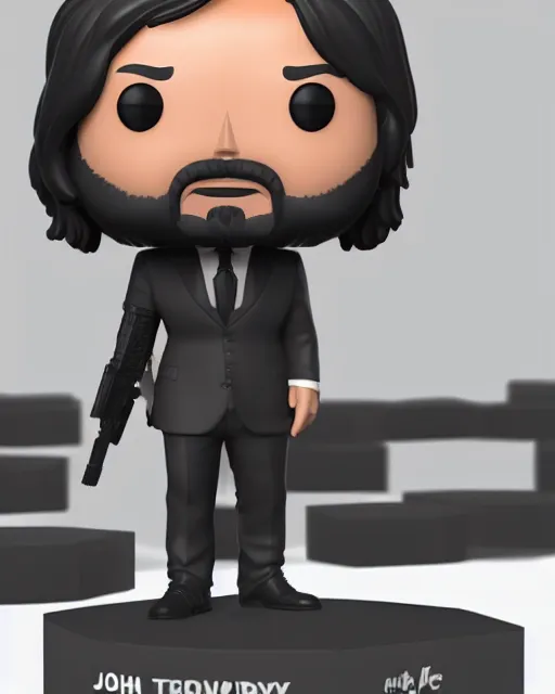 Image similar to full body 3d render of John Wick as a funko pop, studio lighting, white background, blender, trending on artstation, 8k, highly detailed