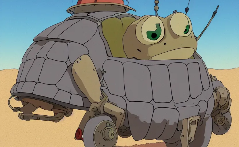 Image similar to a study of cell shaded cartoon of a grey mechanized turtle from howl's moving castle ( 2 0 0 4 ) on a desert road, full body, wide shot, muted colors, post grunge, studio ghibli, laurie greasley, highly detailed, deviantart, art by artgem