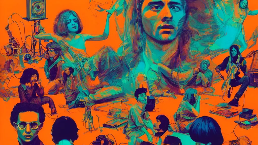 Image similar to duotone trippy 1 9 6 0 s lsd concept illustration of hippy rock musicians on stage. volumetric lighting. golden ratio accidental renaissance. by sachin teng and sergey kolesov and ruan jia and heng z. graffiti art, scifi, fantasy, hyper detailed. octane render. concept art. trending on artstation.