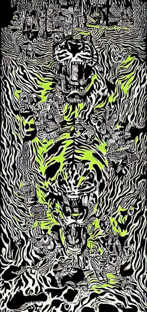 Image similar to tony the tiger dissolving into neon cereal pieces, cubensis, basil wolverton, r crumb, hr giger, mc escher, dali