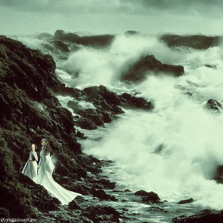 Prompt: dark and moody 1 9 7 0's artistic technicolor spaghetti western film, a large huge group of women in a giant billowing wide long flowing waving shining bright white dresses, standing inside a green mossy irish rocky scenic landscape, crashing waves and sea foam, volumetric lighting, backlit, moody, atmospheric, fog, extremely windy, soft focus
