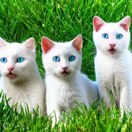 Prompt: color still of a group of cute!! white cats with blue eyes playing, grassy field, high detail, bright sunny day, photorealistic